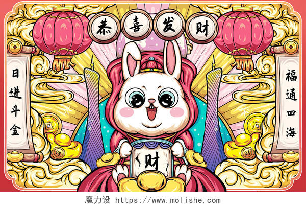 国潮风兔年插画恭喜发财兔子psd素材兔年新年兔子
